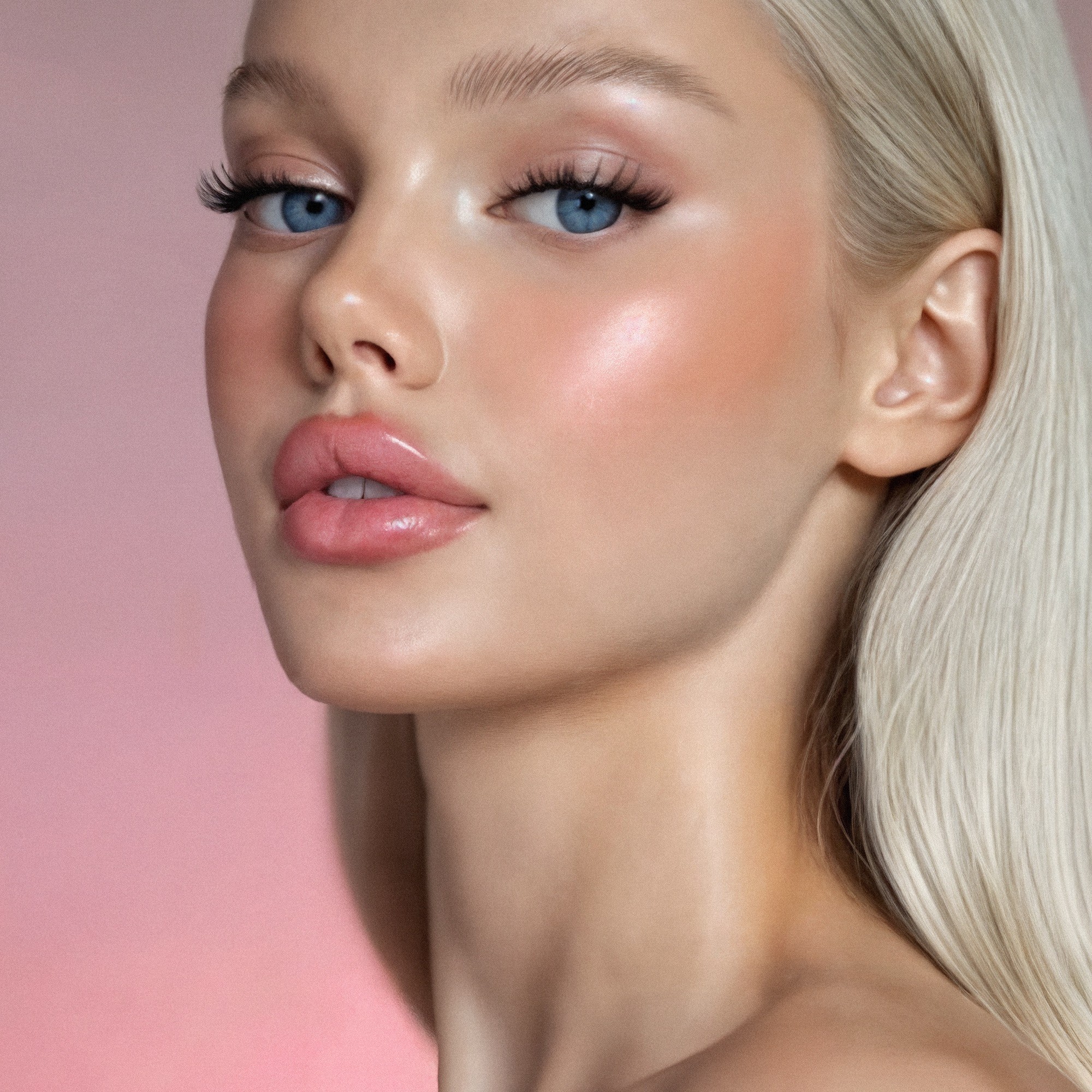 Close portrait of SALI96 against a soft pink background